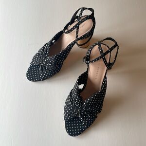 LOEFFLER RANDALL Navy Polka Dot Sandals w/ Wood heel. EUC. Size 9.5